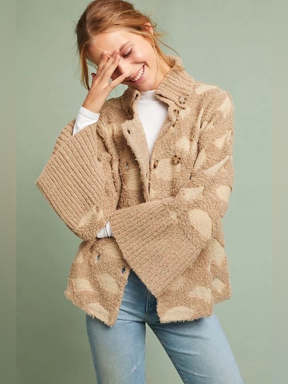Rosie Neira for Anthropologie Wool-Blend Intarsia Spotted Cardigan, Size M